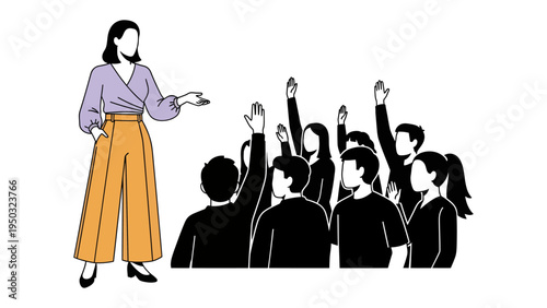 Engaging Discussion: A dynamic scene of a speaker addressing an audience, with hands raised in active participation, fostering connection and engagement.