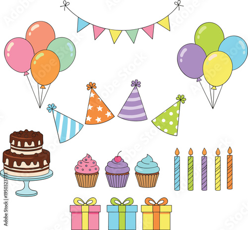 Collection of colorful birthday celebration illustrations featuring tiered cake balloons party hats cupcakes gifts and festive party decorations