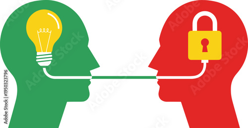 Two Heads Facing Each Other One with Light Bulb Idea Other with Lock concept communication