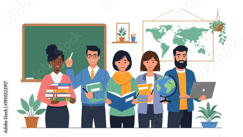 The Teaching Collective: A group of diverse educators stands in their classroom, each engaged in teaching and learning. A symbol of collaboration, knowledge and mentorship.