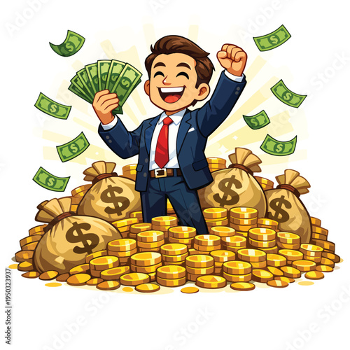 Wealthy man surrounded by cash, coins and money bags