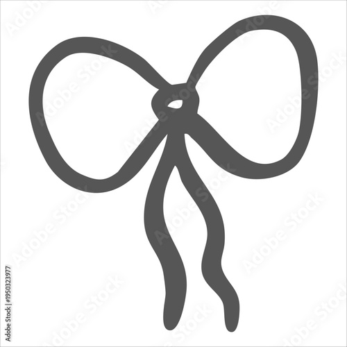 Whimsical bow from ribbon vector graphic illustration. Isolated doodle of vintage textile decoration for coquettecore design. Hand drawn silk tied streamer for card, birthday, wedding, Valentines.