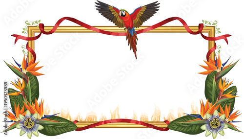 A vibrant parrot flies above a colorful floral frame with red ribbons and bird of paradise flowers on a white background.