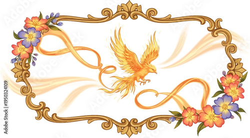 A mythical phoenix bird in flight surrounded by a decorative golden frame with flowers