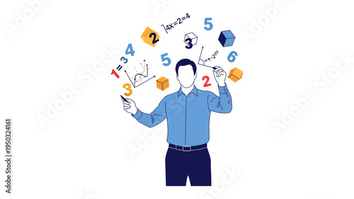 Mathematical Mind at Work: An individual is immersed in the world of numbers, formulas and geometric shapes, a perfect illustration for educational and scientific projects. 