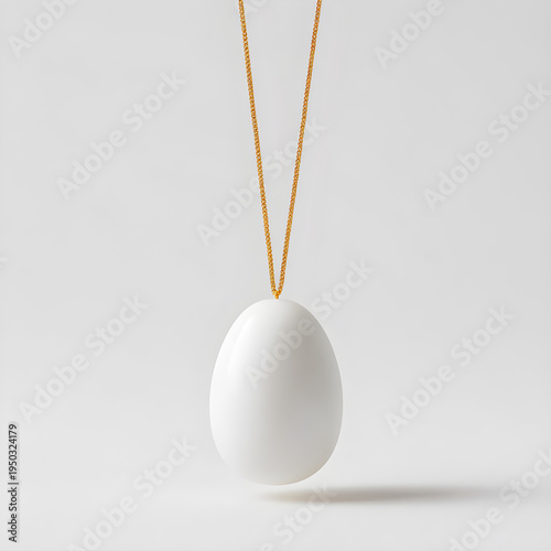 A minimalist white background with a single egg hanging from a thin gold chain like a pendant. - Image #1 @Ai content creator