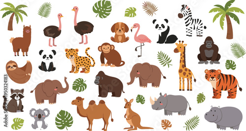 Cute Wild Jungle Animals Collection with Tropical Leaves Safari Wildlife Cartoon Vector Set