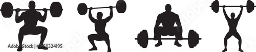 Silhouettes of four weightlifters performing different barbell exercises against a white background high quality professional detailed