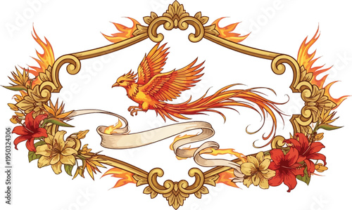 A vibrant phoenix bird surrounded by flames and flowers in an ornate golden frame with a ribbon banner.