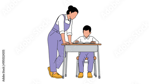 Nurturing Guidance in the Classroom: A dedicated educator leans attentively over a young student, offering personalized guidance and support during study session.