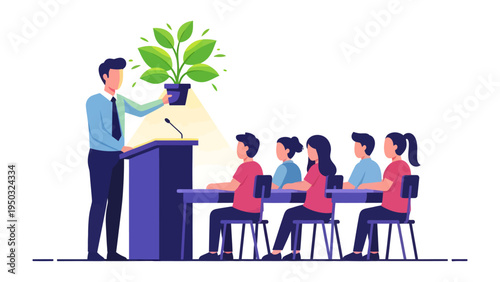Environmental Awareness: A dedicated presenter passionately addresses an engaged audience, holding aloft a vibrant plant.