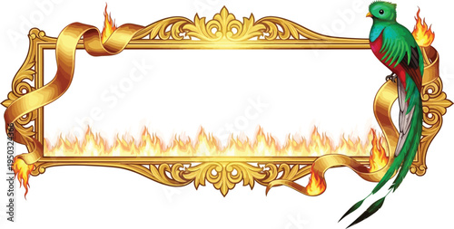 A vibrant green parrot perches on an ornate golden frame with flames and ribbons, set against a white background.