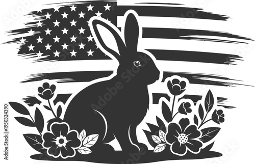 Easter sunday patriotic rabbit in flowers with american flag background