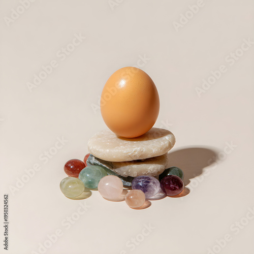 A minimalist white background with a small pile of colorful egg-shaped gemstones and one real egg. - Image #2 @Ai content creator