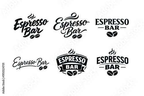 Variety of espresso bar logos featuring coffee beans and stylized text designs