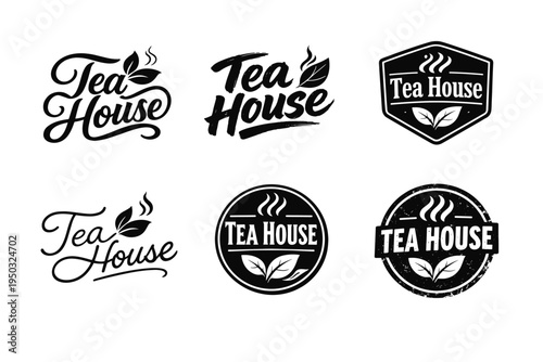 Vintage tea house logos collection with leaf and steam designs