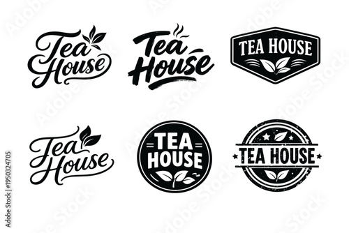 Vintage tea house logos collection with leaf motifs and stylish typography