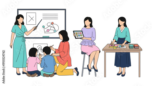 Creative learning: Capturing a vivid illustration of teachers guiding young students in various artistic pursuits. The scene features diverse creative methods with teaching tools and techniques.