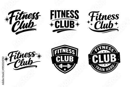Variety of fitness club logos in black and white designs
