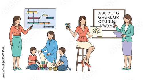 Enlightening Education: A vibrant illustration showcasing teachers engaging with students in various educational scenarios, from constructing blocks to presenting lessons.