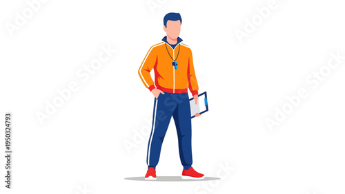 Coach's Guidance: A focused coach stands ready, clipboard in hand and whistle at the ready, poised to direct the team. Ready for the next game and strategies