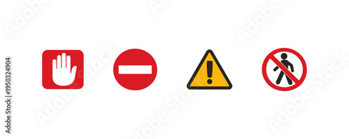 No Entry Stop Warning and No Pedestrian Prohibition Icons Set