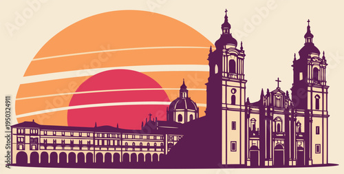 Lima sunset skyline vector featuring Plaza Mayor Cathedral and historic colonial architecture. Warm Pacific sunset gradient in orange, red, and purple behind a clean skyline silhouette