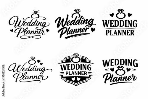 Elegant wedding planner logos with rings and hearts in black and white