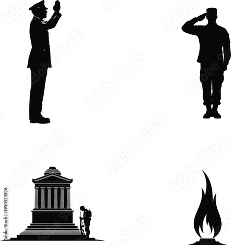 Memorial day tribute with patriotic silhouettes and monuments