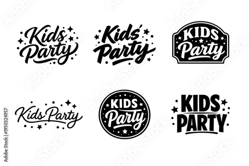 Kids party logos with creative typography and star accents