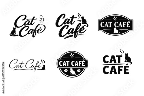 Cat café logos collection with various design styles and cat silhouettes