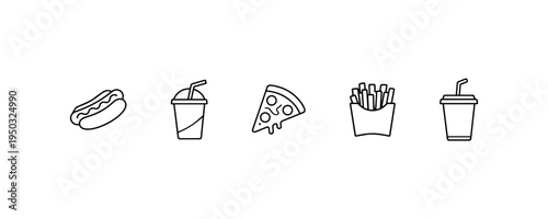 Hot Dog Soda Pizza Fries and Drink Fast Food Line Icons
