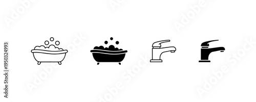 Bathtub and Faucet Minimal Bathroom Icon Set
