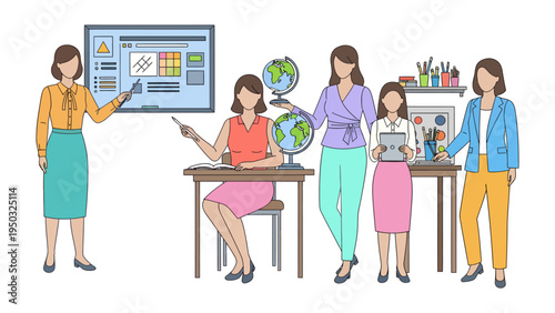 Teachers in Classroom: Educators engaged in a dynamic learning environment, showcasing the heart of education with a chalkboard, globes, and engaging lesson.