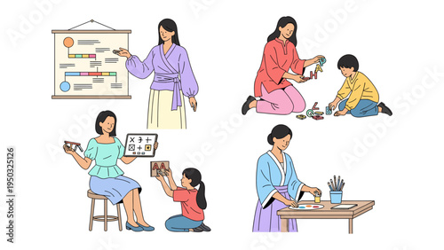 Learning Through Play: A collection of educational illustration, mothers interacting with their children and engaged in various educational activities.