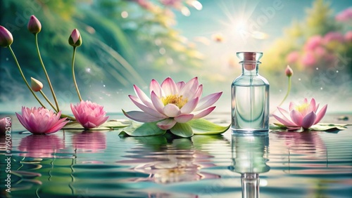 Wallpaper Mural Serene Water Lily Blossoms and Aromatic Essential Oil Bottle Reflecting in Calm Water Torontodigital.ca