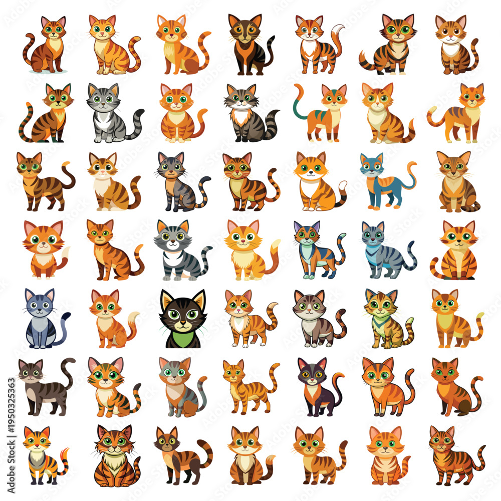 Obraz premium A collection of forty-two cute cartoon cat illustrations featuring various breeds and fur colors