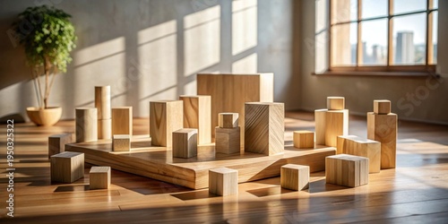 Wallpaper Mural Wooden blocks arranged on a wooden surface bathed in sunlight, creating a miniature cityscape, symbolizing growth, construction, or design concepts Torontodigital.ca