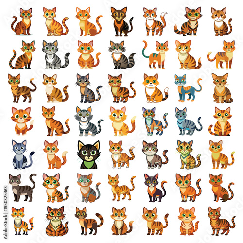A collection of forty-two cute cartoon cat illustrations featuring various breeds and fur colors