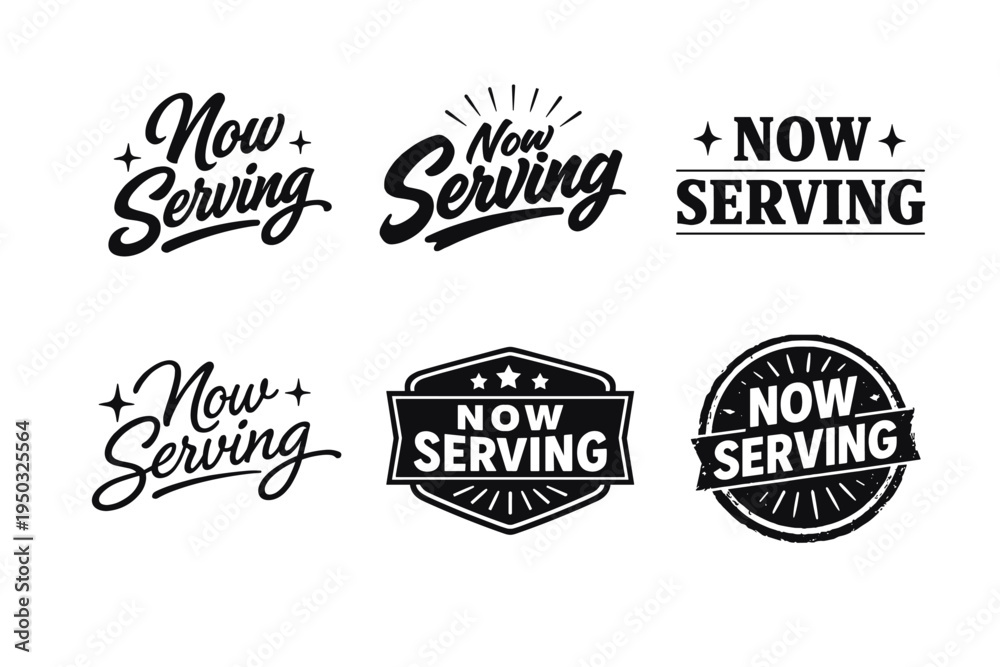 Fototapeta premium Collection of stylish now serving text designs in bold black typography