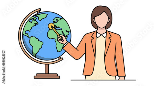 Exploring the World: A knowledgeable teacher pointing to a globe, representing global education and exploration.