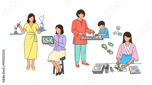 Science and Everyday Life: A collection of images show individuals immersed in diverse scientific pursuits, with emphasis on using scientific methods, technologies, data analysis.