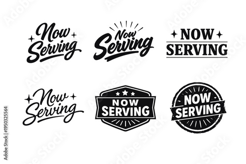 Collection of stylish now serving text designs in bold black typography