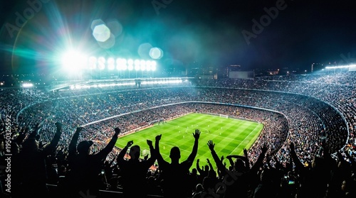 Excited Football Fans Cheering at a Crowded Stadium during a Night Game with Bright Stadium Lights