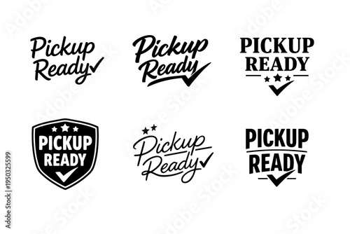 Pickup ready logos collection with checkmarks and stars in black and white design