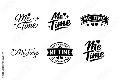 Elegant black and white me time logos with hearts and stars for relaxation and self-care