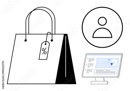 Retail, consumer behavior, e-commerce, digital identity, sales, online shopping. Shopping bag with a discount tag, user icon and a desktop screen. E-commerce and digital identity concept