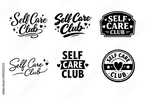 Self care club logos collection with heart motifs and decorative text
