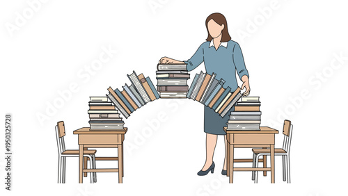 Knowledge Bridge: A dedicated educator constructs a metaphorical bridge of books, symbolizing the pathway to knowledge and learning in an engaging educational setting.