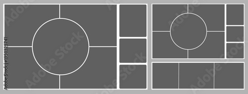 Grid template layout. Geometric shapes photo collage design. 4x3 bento moodboard background. Abstract poster montage board, Square circle box image gallery vector album. Rectangle banner slide page